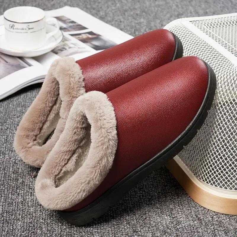 Autumn and Winter PU Cotton Slippers Men and Women Thick Bottom Cotton Slippers Bag Heel Waterproof Non-slip Slippers