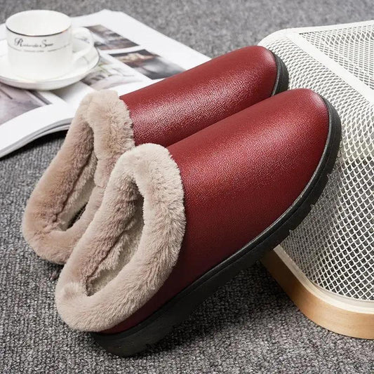 Autumn and Winter PU Cotton Slippers Men and Women Thick Bottom Cotton Slippers Bag Heel Waterproof Non-slip Slippers
