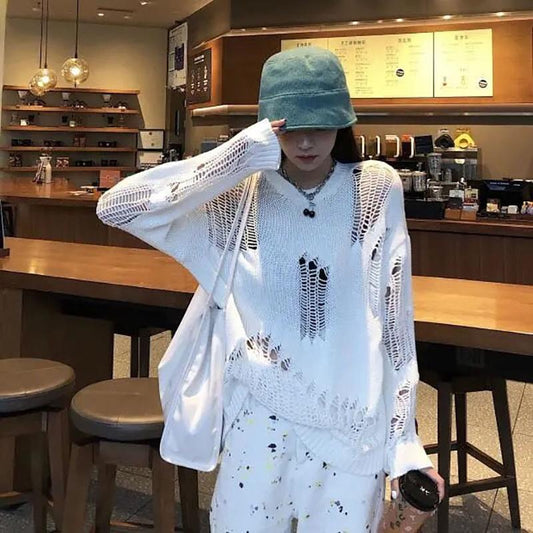 Gothic Punk Hole Sweaters Women Oversized Streetwear Harajuku Sweaters Hollow Out Broken Knitted Jumper Woman Pullover Sweater White Sweater Shirt