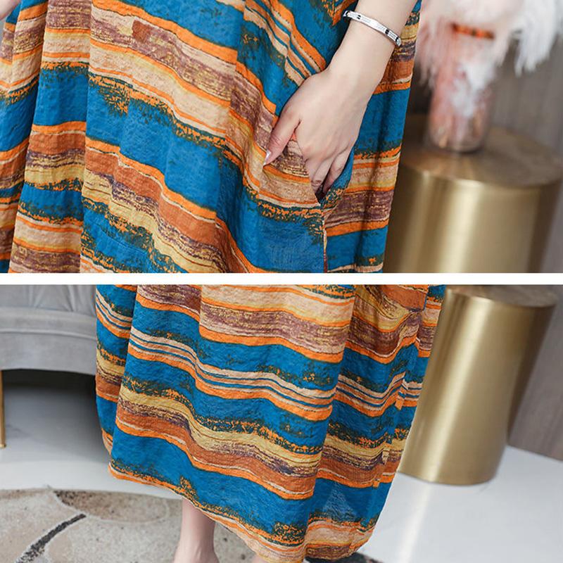Women's Summer Loose Dress Large Size Young Cover Belly Look Thin Striped Mid-length Skirt Pocket Loose