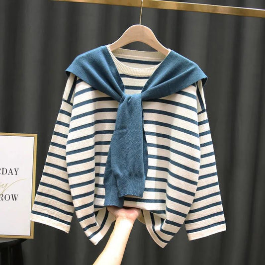 Striped Sweater Autumn Winter Shawl Loose Outer Wear Bottoming Shirt Ladies Sweater Pullover Top Knitted