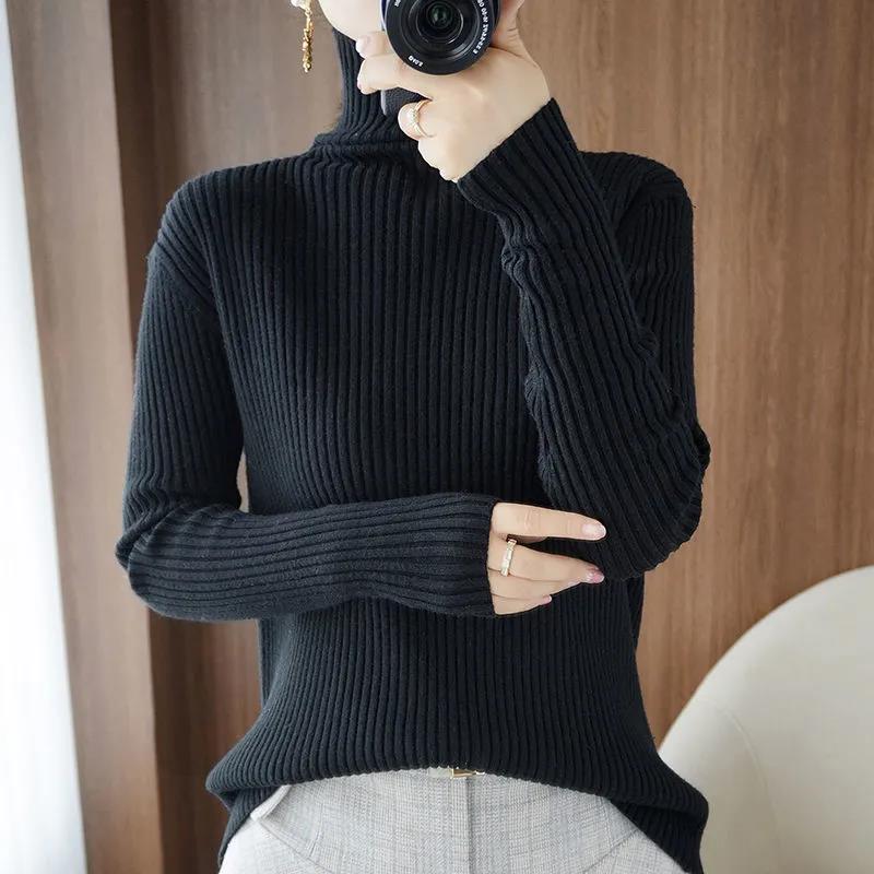 Autumn and Winter Turtleneck Sweater Women's Slim Slim Bottoming Shirt Vertical Pattern Large Size Long-sleeved Sweater
