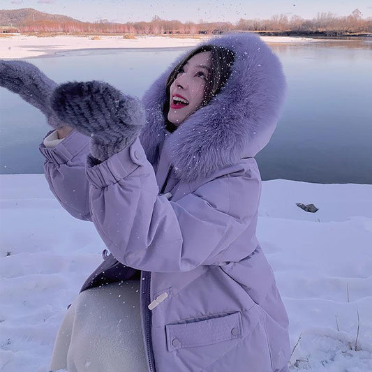 Winter Down Cotton Jacket Women's Long Over-the-knee Cotton Jacket Fluffy Fur Collar Hooded Loose Horn Button Cotton Jacket