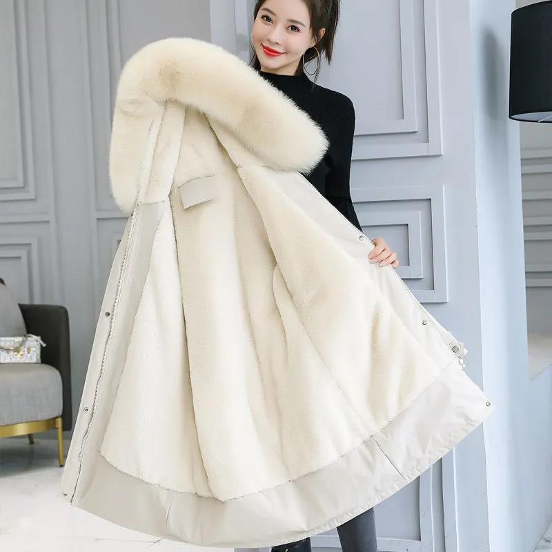 Winter Women's Cotton Jacket Jacket Mid-length Large Fur Collar Plus Down Jacket Thickening Plus Velvet Jacket