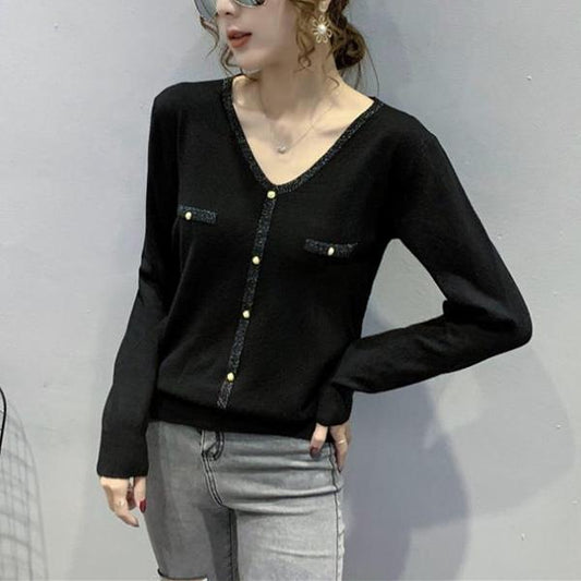 Long-sleeved V-neck Sweater Loose Thin Slim Slim Top All-match Fashion Base Sweater