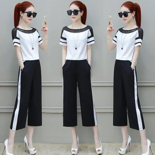 Two-piece Suit Women's Short-sleeved T-shirt Wide-leg Pants Two-piece Loose Casual Suit Fabric Lightweight Breathable Temperament Fan Two-piece Suit