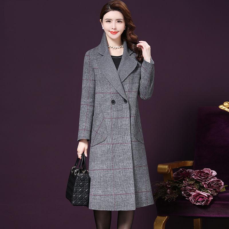 2019 Autumn Winter Wool Women Plaid Pockets Blends Office Work Long Coats Fashion Brand Lady Slim