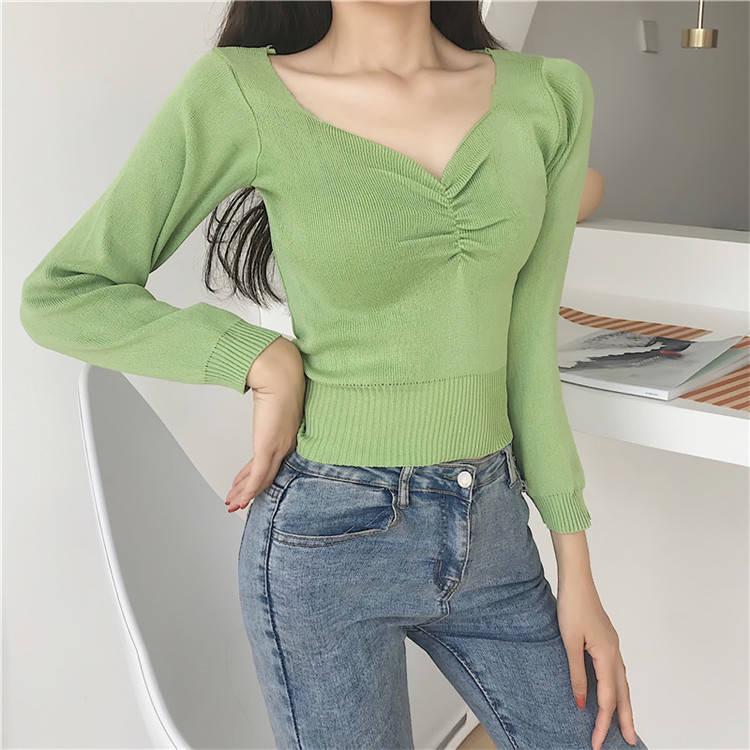 Sexy Low-neck Pullover Long Sleeve Short Sweater Women Open Navel Slim Waist Knitwear