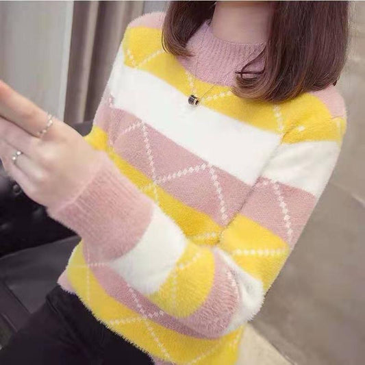 Non-shedding Semi-turtleneck Sweater To Keep Warm and Color Matching Mink Fleece Long-sleeved Knitted Bottoming Shirt