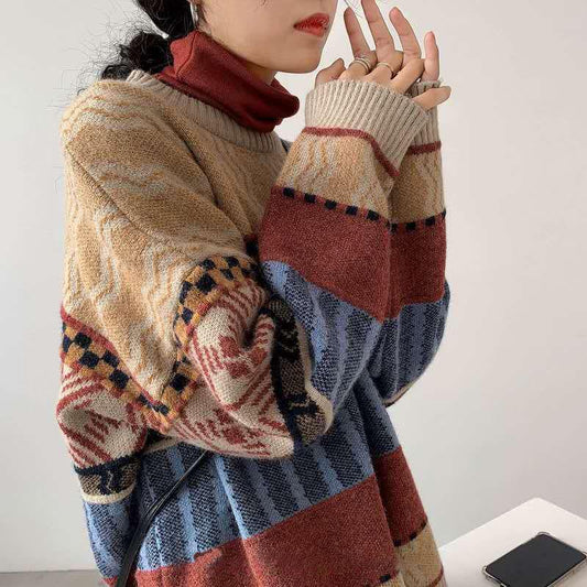Women vintage Jacquard Knitted Sweater Ethnic Style Thick Warm Pullover Sweater coat Outer Wear Autumn Winter