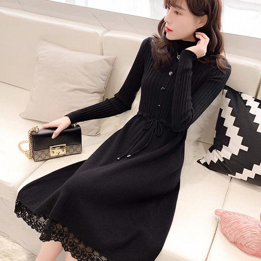 Dress Women High Neck Knitting Pullovers Clothes Waist Turtleneck Long Sleeve Lace Sweater Dress