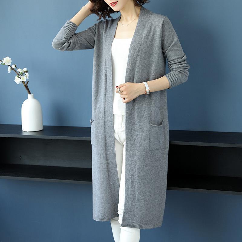 Spring and Autumn Long Knitted Jacket Loose Over The Knee All-match Jacket Fashion Solid Color Female Top