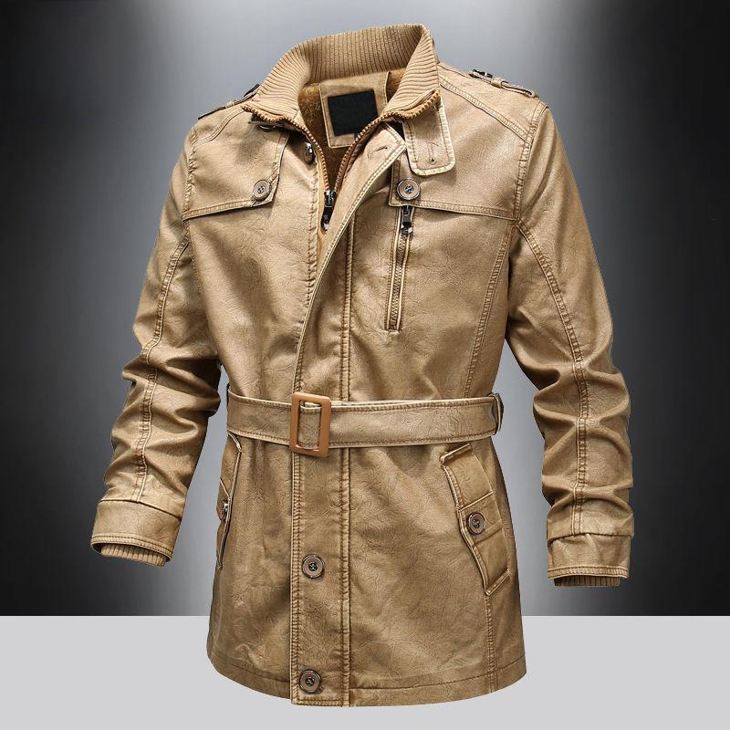 Mid-length Fashion Casual Leather Jacket Autumn Winter Europe America Plus Size Young Middle-aged Men's Velvet Motorcycle Leather Jacket