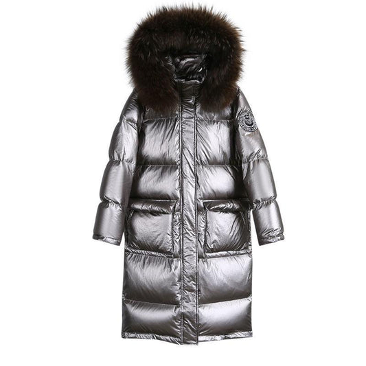 Bright Face Down Padded Jacket Women Winter Big Fur Collar Padded Jacket Women Mid-length Over The Knee Thick Coat