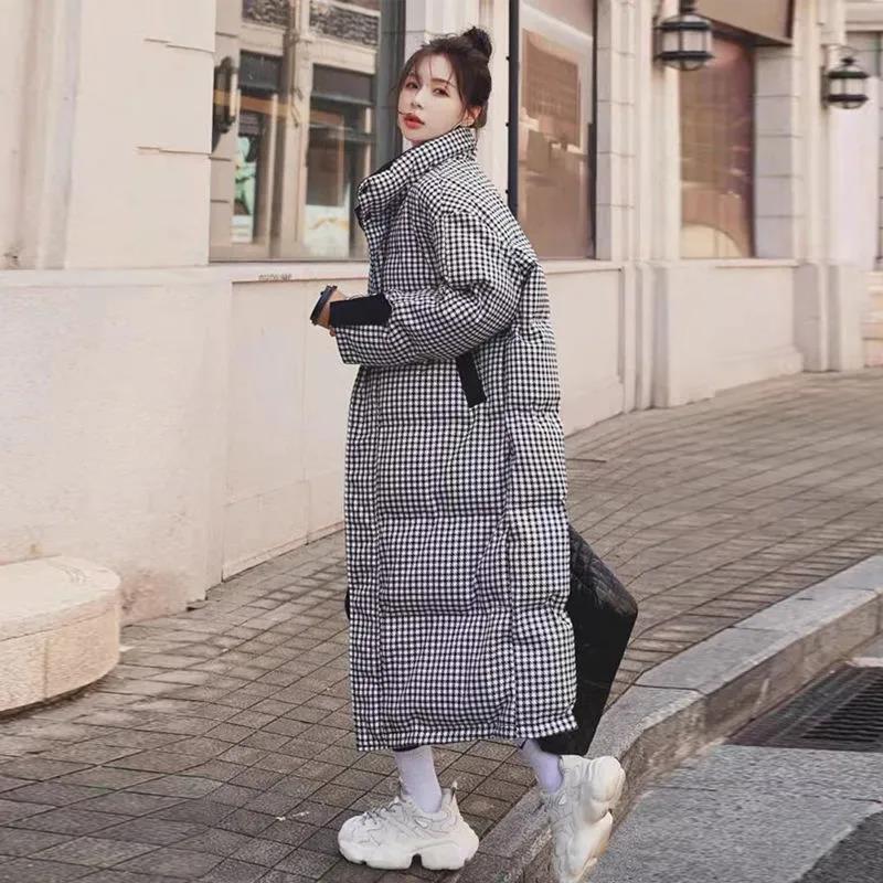 Houndstooth Padded Down Padded Jacket Women's Winter Loose Padded Long Over-the-knee Jacket