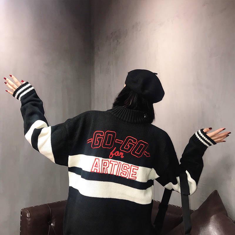 Color Matching Half Turtleneck Female Autumn and Winter Loose Embroidery Thick Knit Coat