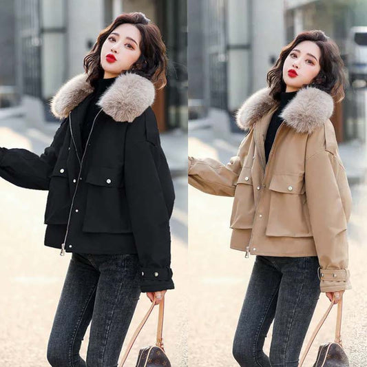 Women's Down Jacket Short Pie Overcoming Wide Jacket Fashion Tooling Coat Big Pocket Snow Jacket