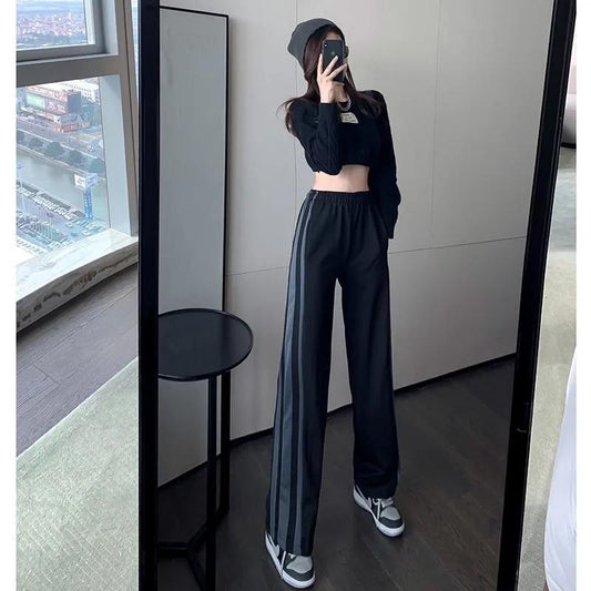 Hong Kong Style High Waist Casual Sports Wide-leg Pants Striped Wild Loose Straight Mopping Trousers Women