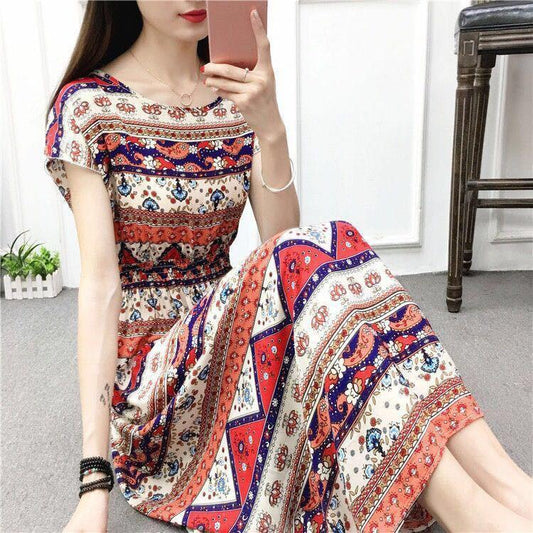 Fairy Dress Printed Vest Mid-length Dress Summer Ethnic Style Cotton Silk Floral Dress Seaside Vacation Waist Mid-length Dress