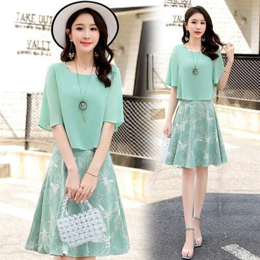 Set Chiffon Dress Female Niche Sweet Wind Is Thin Two-piece Skirt Round Neck Short-sleeved Top A-line Short Skirt Chiffon Fabric Light and Breathable