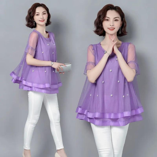 Large -size Women's Summer Short -sleeved T -shirt Mothers Dress Chiffon Shirt Women's Loose Bottom Shirt