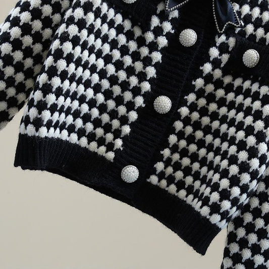 Bow Knot Diamond Long Sleeve Knit Sweater Spring and Autumn High Waist Short Sweater