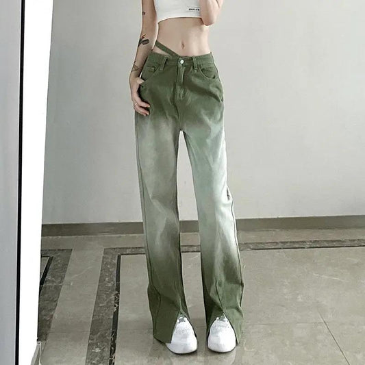 Retro High Street Pine Green Gradient Asymmetrical Sexy Leak Design Jeans Female High Waist Loose Ground Trousers
