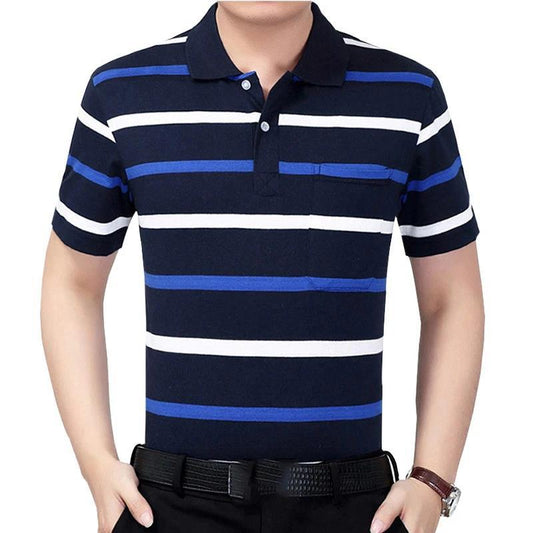 Summer Short-sleeved T-shirt Male Middle-aged Striped Dad Outfit Lapel Shirt Loose Half-sleeved Shirt with Real Pockets
