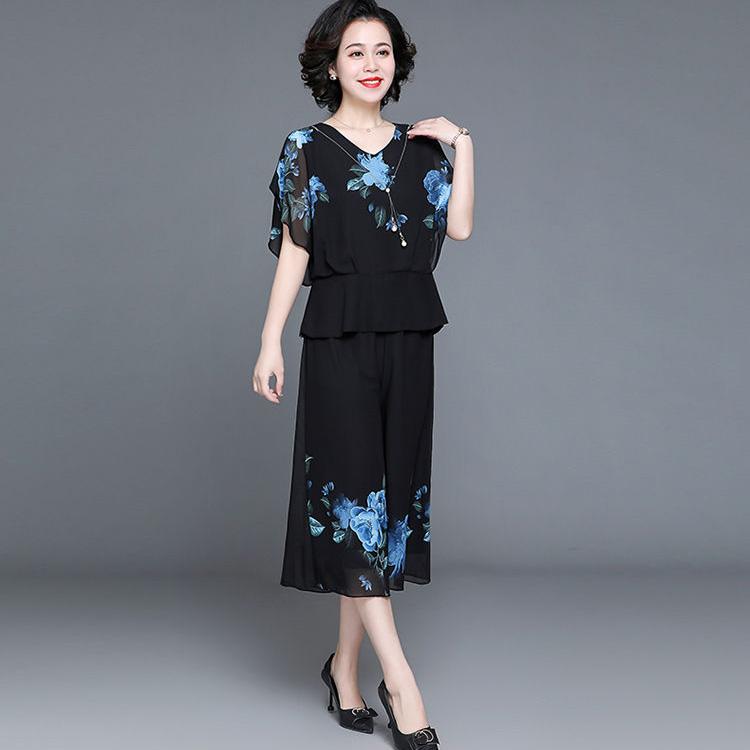 WTEMPO 2pcs Chiffon Shirt Pants Suit Spring and Summer Women's Plus Size Short Sleeve Loose Casual Two-piece Set