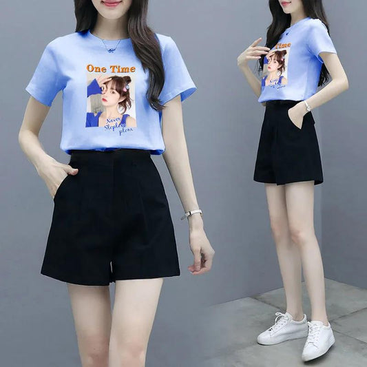 Women Summer Shorts Suit Female Vintage Short Sleeve Print T-shirt & High Waist Slim Wide Leg Black Shorts Two Pieces Casual Set