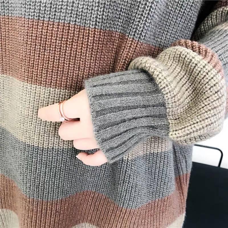 Pofulove Women Striped Turtleneck Pullover Sweater Long Sleeve Office Thicken Long Sweatshirts Top
