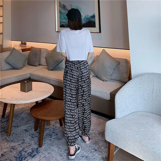 Chiffon Harem Pants Female Ins Tide Summer Letter Pattern Casual Pants Loose and Thin Trousers