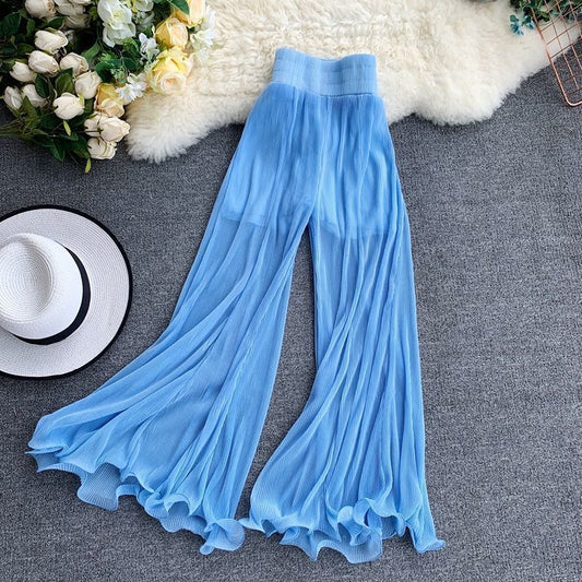 Women's Summer Wide-leg Pants Ruffled Fishtail Flared Pants Stretch Waist Pleated Air Conditioning Pants Trousers