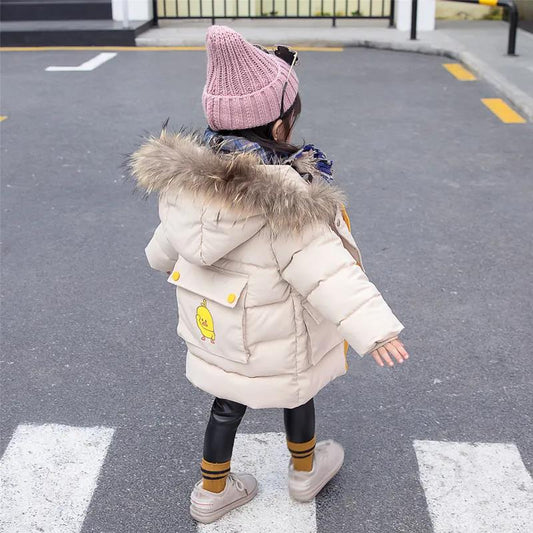 Boys and Girls Mid-length Padded Jacket Thickened Children's Winter Down Cotton-padded Jacket Baby Winter Hooded Jacket with Fur Collar