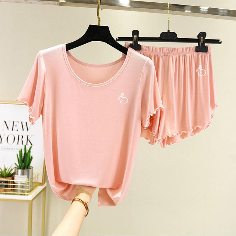 Women's Modal Pajamas Set Summer Thin Loose Large Size Short-sleeved T-shirt Fungus Edge Shorts Homewear Two-piece Set