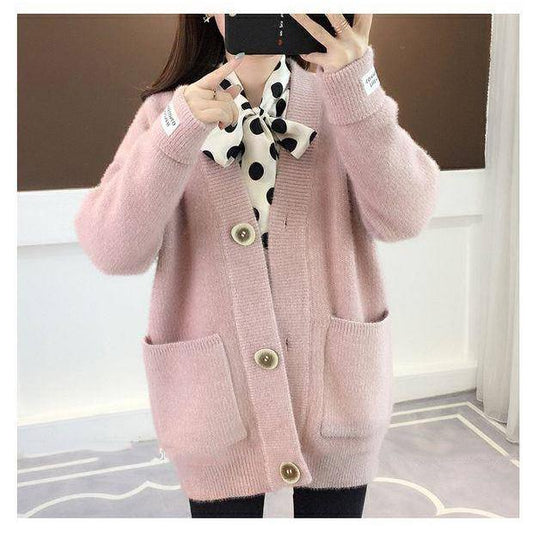 Imitation Mink Women's Sweater Coat Autumn and Winter Korean Loose Mid-length Thick Knitted Cardigan Top