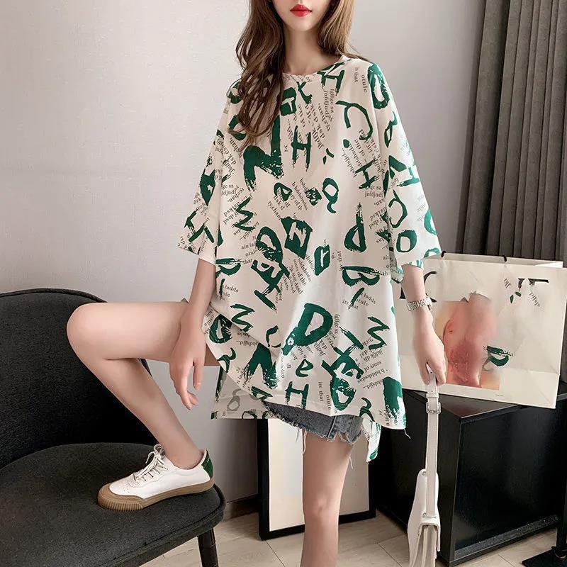Women Summer O-neck Top T-shirt Printed Short-sleeved Loose Casual Tee