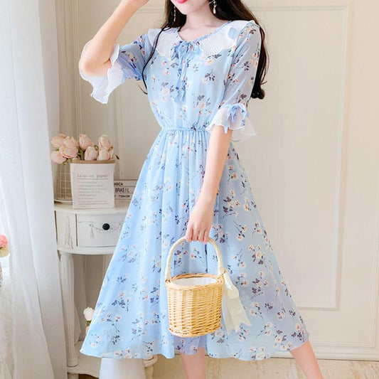 Large Size Dress Summer Mid-length Sweet and Lovely Floral Chiffon Dress Female Temperament Elegant Waist Slimming Slim Chiffon Dress