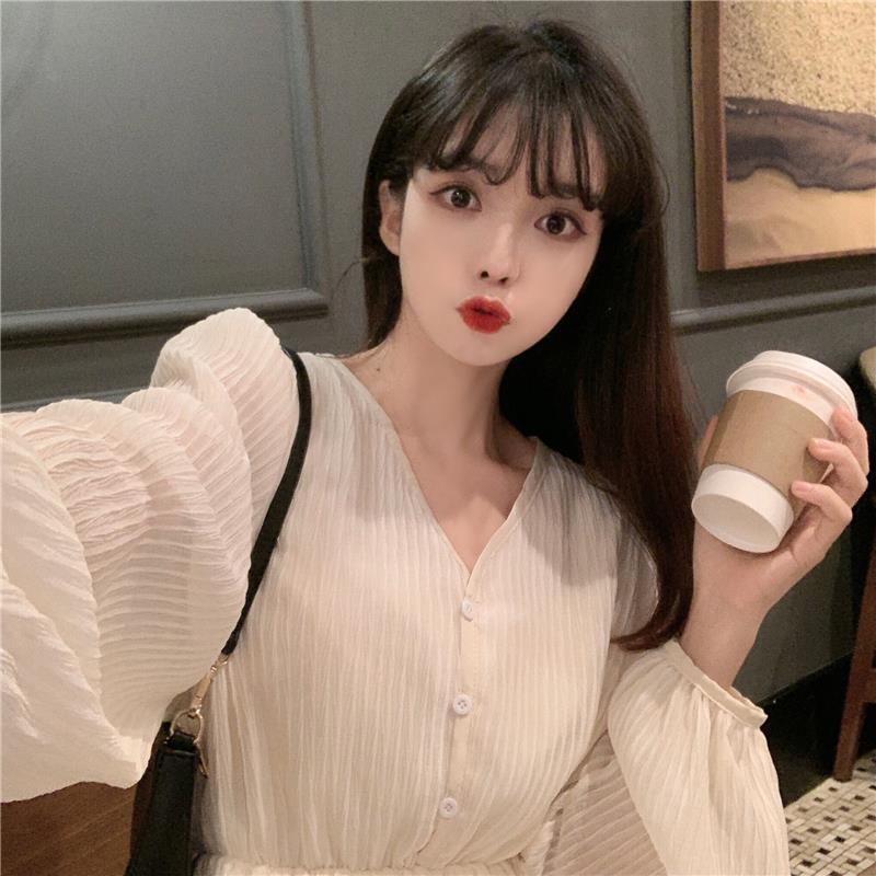 Spring Summer Women's Knee-length Dress French Gentle Wind V-neck Chiffon Solid Color Long-sleeved Dress