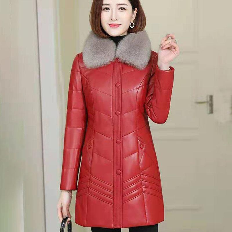 Women's PU Leather Coat Mid-length Windproof Thick Warm Parka with Detachable Fur Collar Female Overcoat Outerwear Plus Size