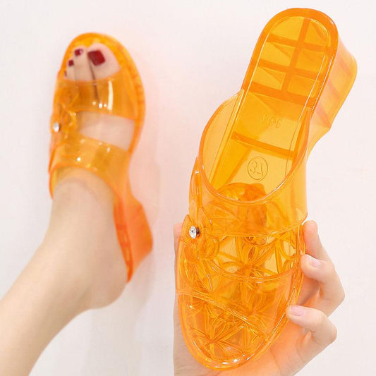 Crystal Jelly Plastic Wedge Heel Sandals and Slippers Women High-heeled Summer Wear Middle-heel Fashion Non-slip Thick Heel Slippers