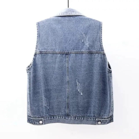 Denim Vest Women's Spring Summer Simple Large Pockets Sleeveless Vest Coat All-match Large Size Loose Top Button Denim Cardigan