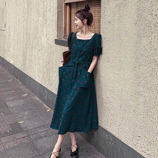 Dress Women's Waist Chiffon Over The Knee Square Collar Retro Casual Fashion French Summer Skirt