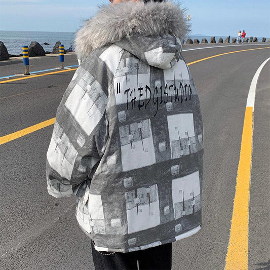 Cotton Clothes Men's Korean Style Trendy Personality Cotton-padded Clothes Winter Warmth Student Tooling Hooded Big Fur Collar Thick Coat