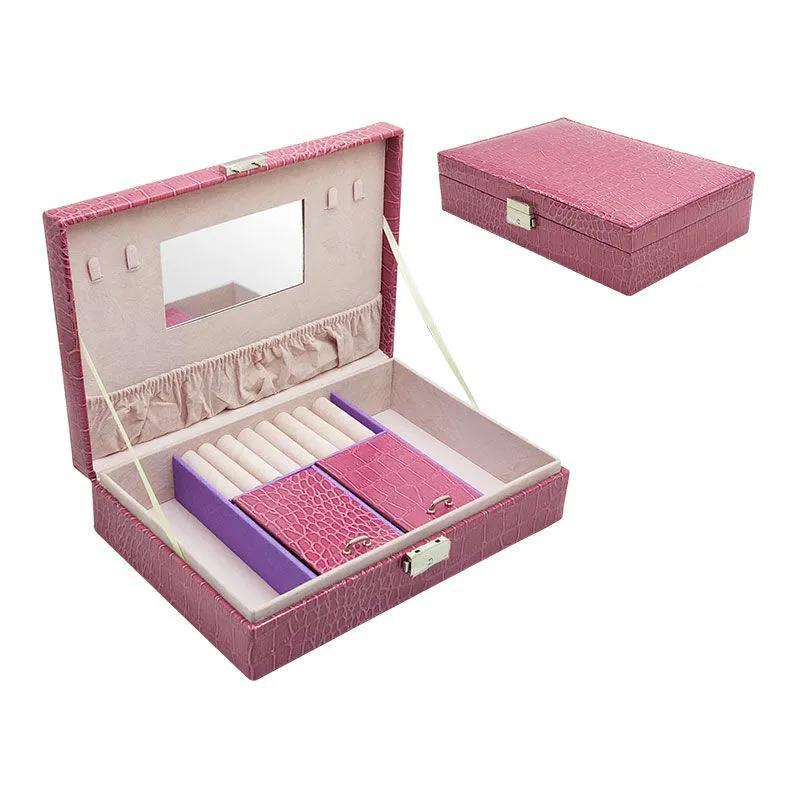 Large Capacity Jewelry Storage Box European Style Solid Color Leather Stud Earrings Rings Watch Jewelry Box with Lock