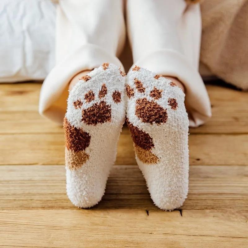 3 Pairs Cute Cat Paw Printing Plush Socks No Shedding Ladies Winter Coral Fleece Thickened Warm Floor Socks Plus Velvet Sleep Stocking