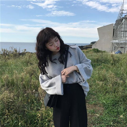 Autumn and Winter College Style Solid Color Sweater Female Students Sweet and Loose Round Neck Pullover Sweater Coat Sweater