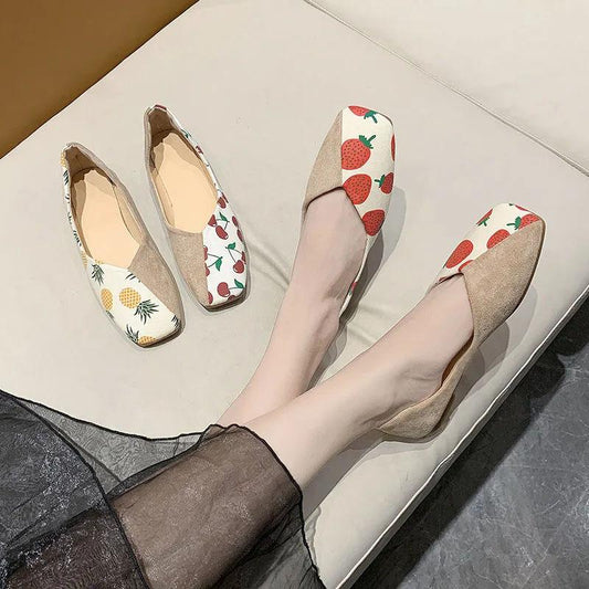 Soft Bottom Peas Shoes Women Spring Summer Sweet Pineapple Cherry Strawberry Flat Bottom Shallow Mouth Single Shoes Slip-on Shoes Casual Flat Shoes