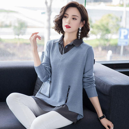 Autumn and Winter Loose Casual Sweater Knitted Two-piece Blouse Fashion Simple Female Sweater