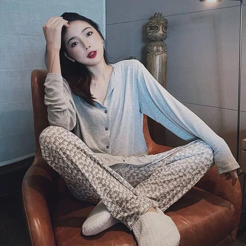 Striped Pajamas Set Two-piece Set Ladies Spring Autumn Long-sleeves Cardigan Shirt Pants Loose Casual Outerwear Home Wear Suit
